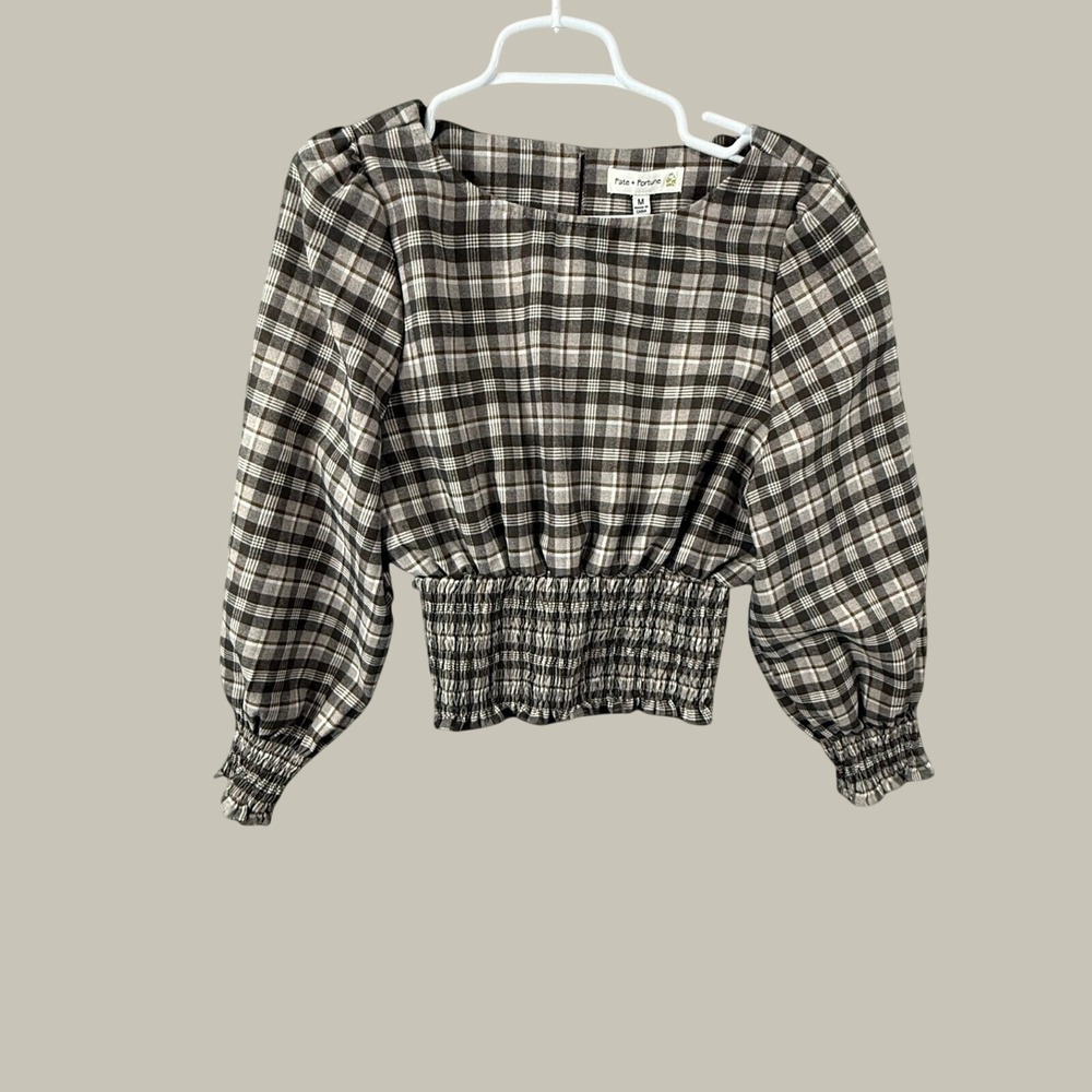 Fate + Fortune Brown Plaid Smocked Waist Puff Sleeve Blouse Square Neck Medium